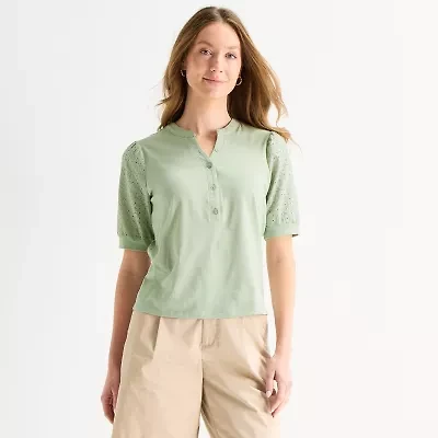 Liz Claiborne Womens Tall Split Crew Neck Elbow Sleeve Blouse