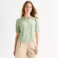 Liz Claiborne Womens Tall Split Crew Neck Elbow Sleeve Blouse