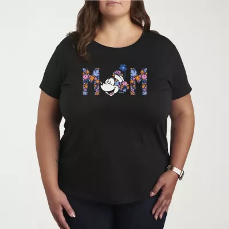Mom Florals Womens Plus Crew Neck Short Sleeve Minnie Mouse T-Shirt
