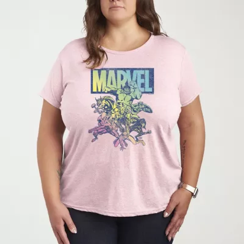 Marvel Group Rainbow Womens Plus Crew Neck Short Sleeve T-Shirt