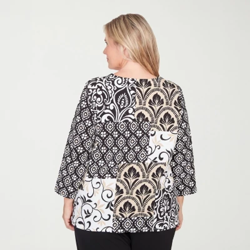 Alfred Dunner Classics Womens Plus Crew Neck 3/4 Sleeve T-Shirt