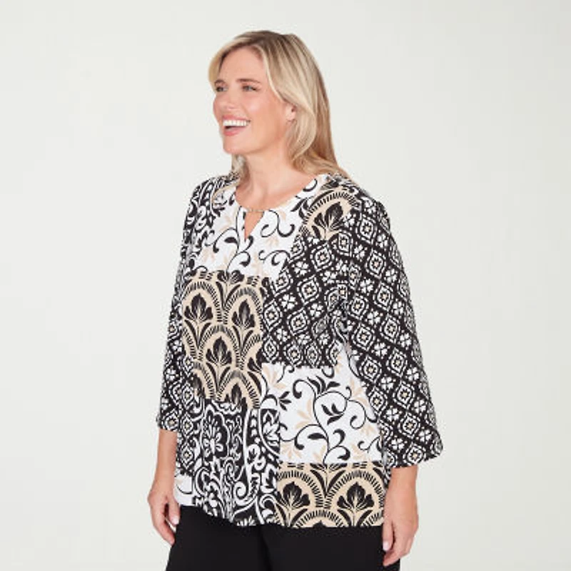 Alfred Dunner Classics Womens Plus Crew Neck 3/4 Sleeve T-Shirt