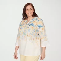 Alfred Dunner Out Of The Blue Womens Plus Split Crew Neck 3/4 Sleeve Blouse