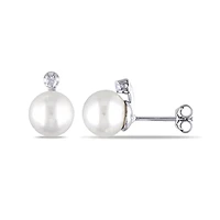 Cultured Freshwater Pearl & Diamond Accent Sterling Silver Earrings