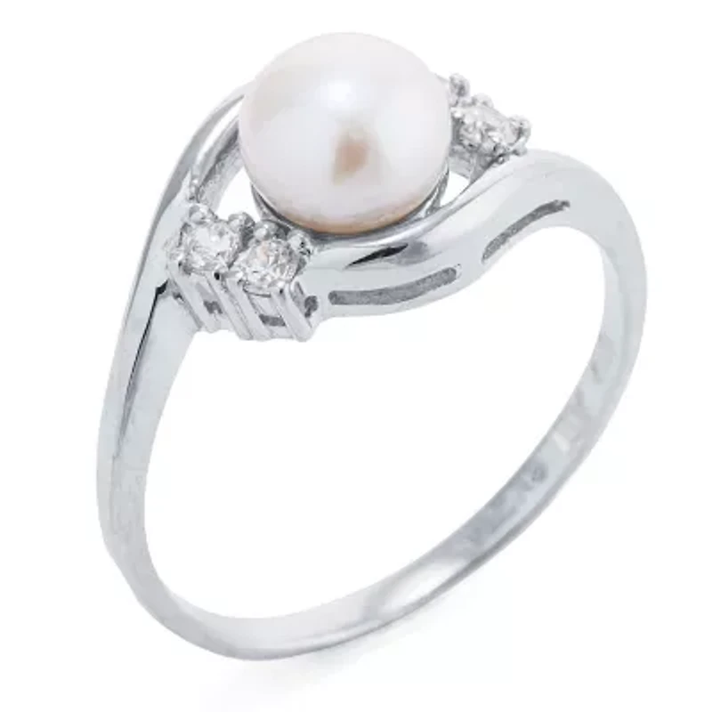 Silver Treasures Cultured Freshwater Pearl Womens White Cubic Zirconia Sterling Delicate Bypass  Promise Ring