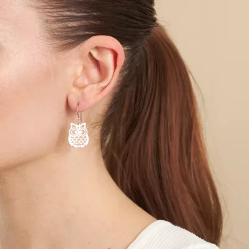 Silver Treasures Owl Womens Sterling Silver Drop Earrings