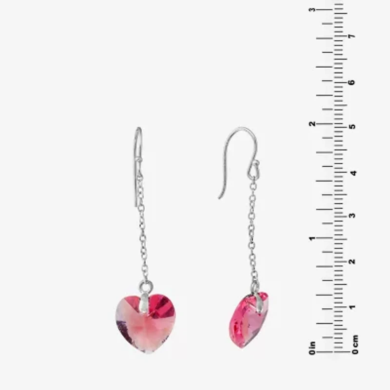 Silver Treasures Womens Pink Crystal Sterling Silver Heart Drop Earrings