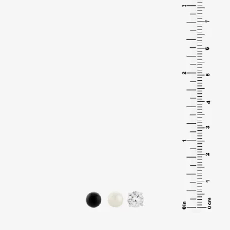 Silver Treasures 3 Pair Cultured Freshwater Pearl Onyx Earring Set