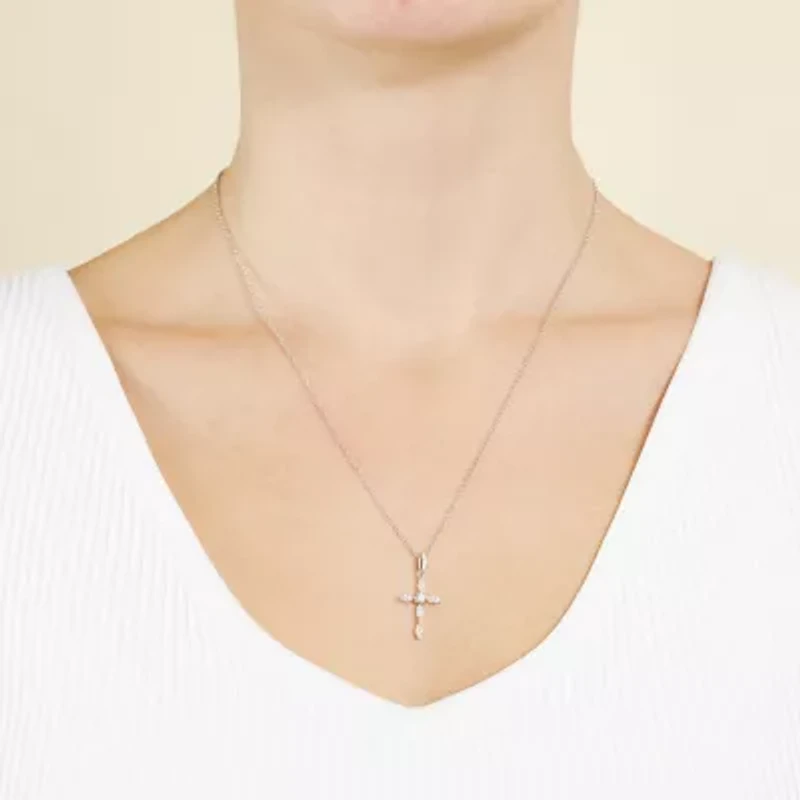 Silver Treasures Womens Cubic Zirconia Sterling Silver Cross 18 Inch Pendant Necklace