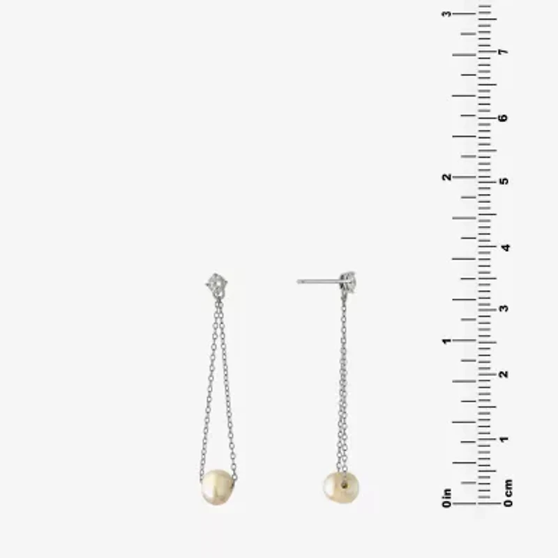 Silver Treasures Womens White Simulated Pearl Sterling Silver Drop Earrings