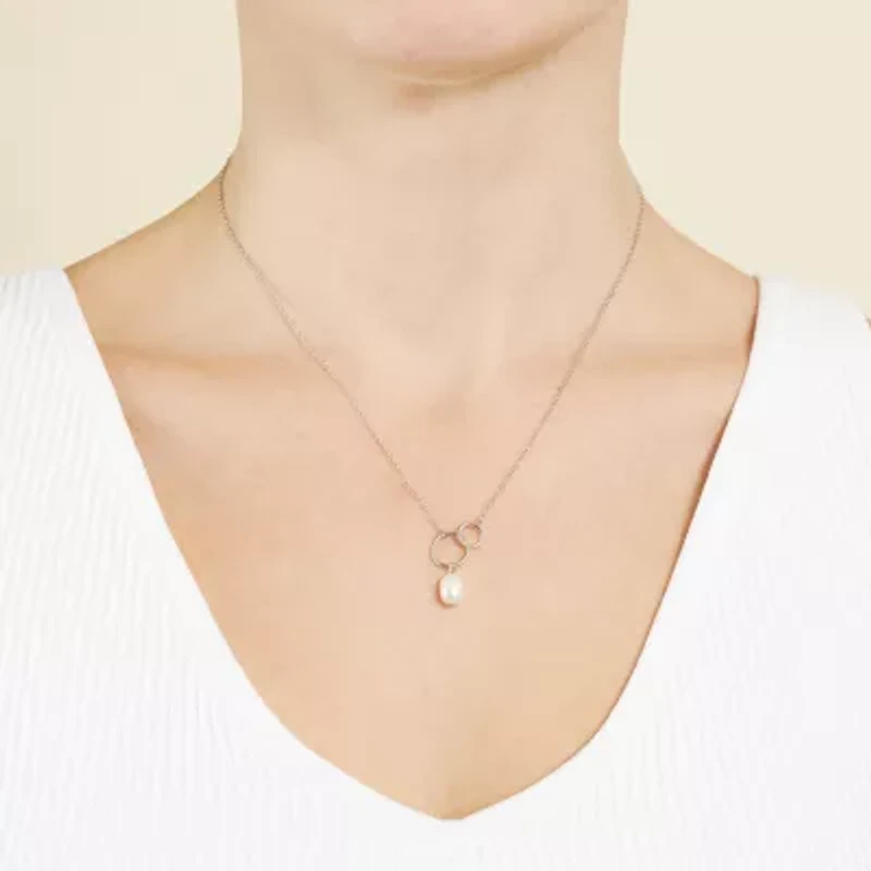 Silver Treasures Womens White Cultured Freshwater Pearl Sterling Silver Round 16 Inch Pendant Necklace