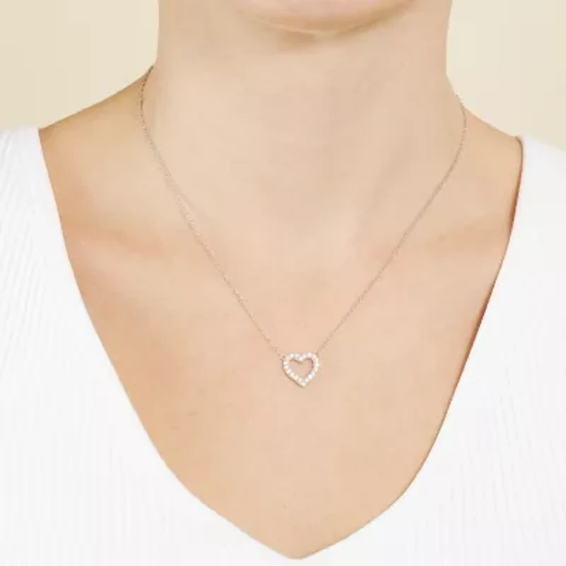 Silver Treasures Womens Cubic Zirconia Sterling Silver Heart 16 Inch Pendant Necklace