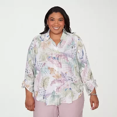 Alfred Dunner Vintage Charm Womens Plus 3/4 Sleeve Classic Fit Button-Down Shirt