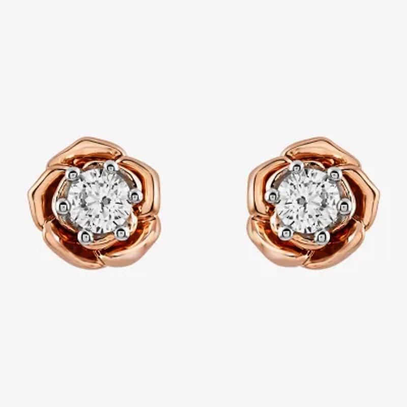 Enchanted Disney Fine Jewelry (I,I2), Belle 1/5 CT. Lab Grown White Diamond 14K Rose Gold Over Silver 6.5mm Flower Beauty and the Beast Belle Princess Stud Earrings