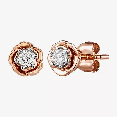Enchanted Disney Fine Jewelry (I,I2), Belle 1/5 CT. Lab Grown White Diamond 14K Rose Gold Over Silver 6.5mm Flower Beauty and the Beast Belle Princess Stud Earrings