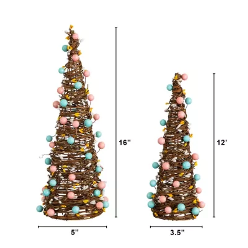 Nearly Natural 12" And 16" Rattan Cone With Pastel Eggs Indoor Artificial Tree