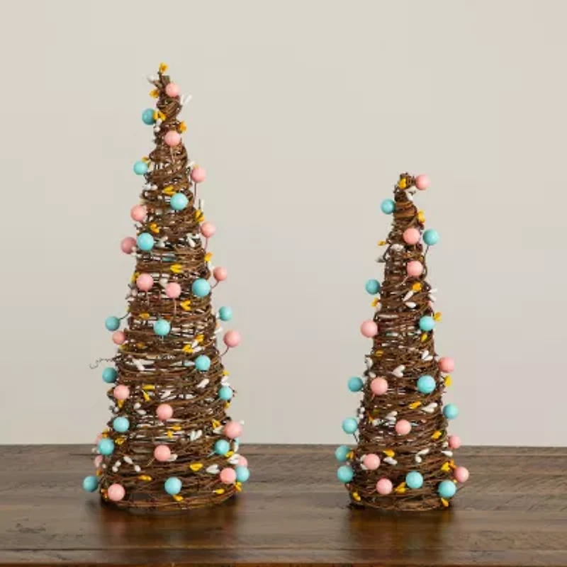 Nearly Natural 12" And 16" Rattan Cone With Pastel Eggs Indoor Artificial Tree