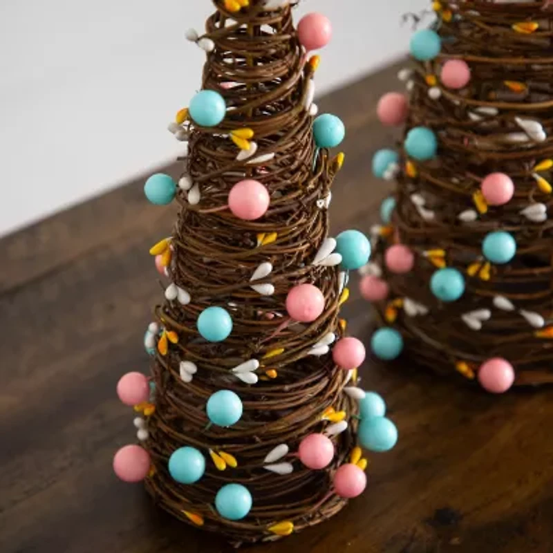 Nearly Natural 12" And 16" Rattan Cone With Pastel Eggs Indoor Artificial Tree