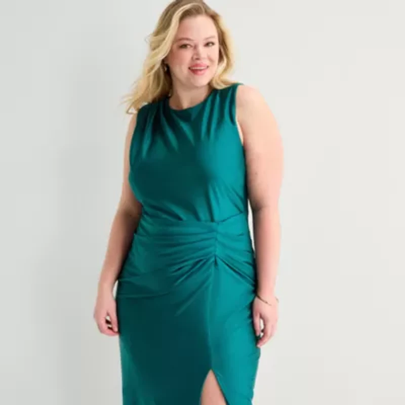Premier Amour Womens Plus Midi Round Neck Sleeveless Sheath Dress