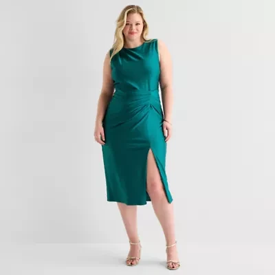 Premier Amour Womens Plus Midi Round Neck Sleeveless Sheath Dress