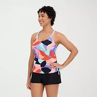 ZeroXposur Womens Built Bra Geo Linear Tankini Swimsuit Top