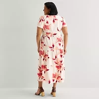 Liz Claiborne Womens Plus Short Sleeve Floral Midi Peasant Dress