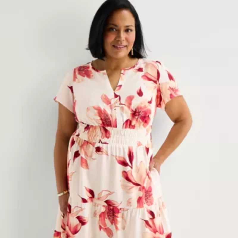 Liz Claiborne Womens Plus Short Sleeve Floral Midi Peasant Dress