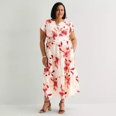 Liz Claiborne Womens Plus Short Sleeve Floral Midi Peasant Dress