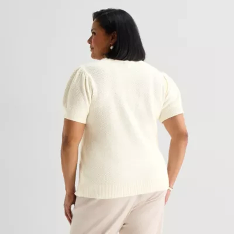 Liz Claiborne Plus Womens Crew Neck Short Sleeve Pullover Sweater