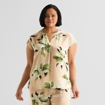 Liz Claiborne Womens Plus Split Crew Neck Short Sleeve Satin Blouse