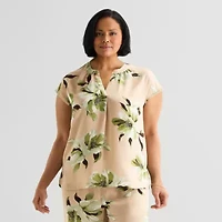 Liz Claiborne Womens Plus Split Crew Neck Short Sleeve Satin Blouse