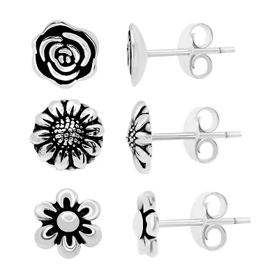 Silver Treasures Womens Sterling Silver Flower 3 Pair Earring Set