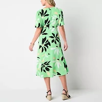 Liz Claiborne Womens Short Sleeve Midi Floral A-Line Dress