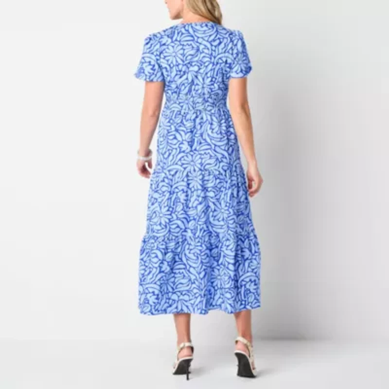 Liz Claiborne Womens Short Sleeve Midi Floral A-Line Dress