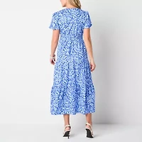 Liz Claiborne Womens Short Sleeve Midi Floral A-Line Dress