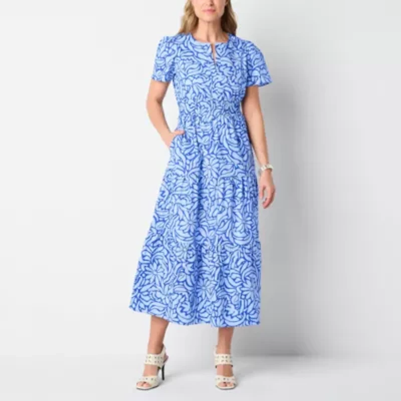Liz Claiborne Womens Short Sleeve Midi Floral A-Line Dress