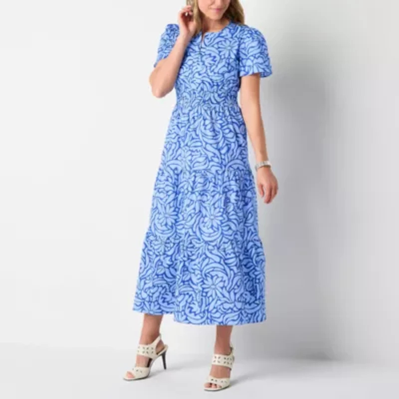 Liz Claiborne Womens Short Sleeve Midi Floral A-Line Dress