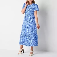 Liz Claiborne Womens Short Sleeve Midi Floral A-Line Dress
