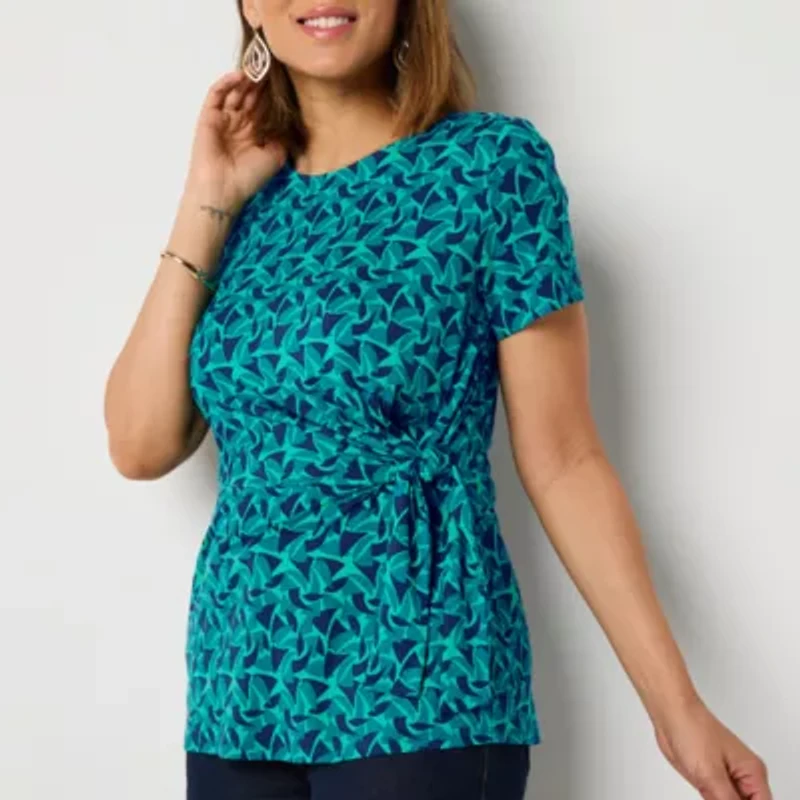 Liz Claiborne Womens Round Neck Short Sleeve Blouse