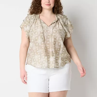 Frye and Co. Womens Split Tie Neck Short Sleeve Plus Blouse