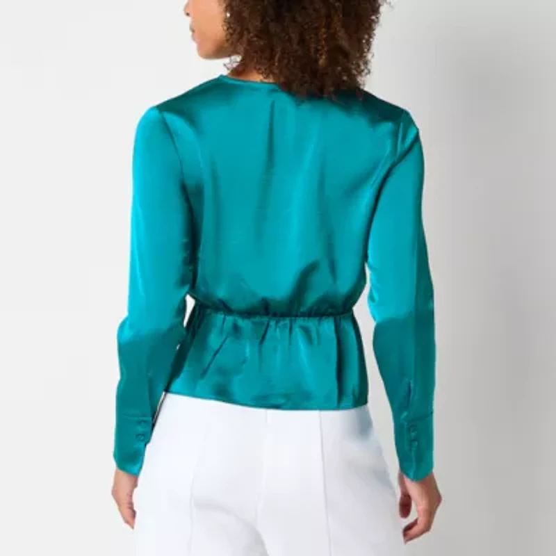 Bold Elements Womens V Neck Long Sleeve Satin Blouse