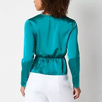 Bold Elements Womens V Neck Long Sleeve Satin Blouse