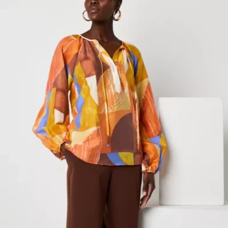 Worthington Womens Split Tie Neck Long Sleeve Blouse