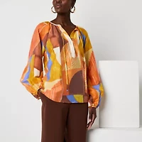 Worthington Womens Split Tie Neck Long Sleeve Blouse