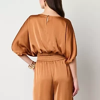 Worthington Womens Round Neck Long Sleeve Satin Blouse