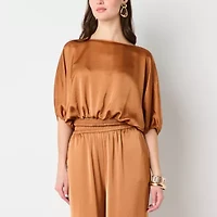 Worthington Womens Round Neck Long Sleeve Satin Blouse