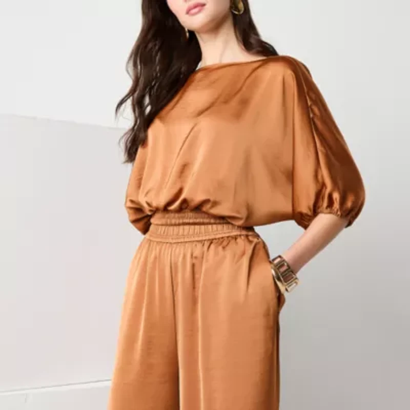 Worthington Womens Round Neck Long Sleeve Satin Blouse