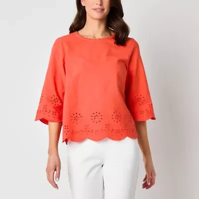 St. John's Bay Womens Round Neck Embroidered Blouse