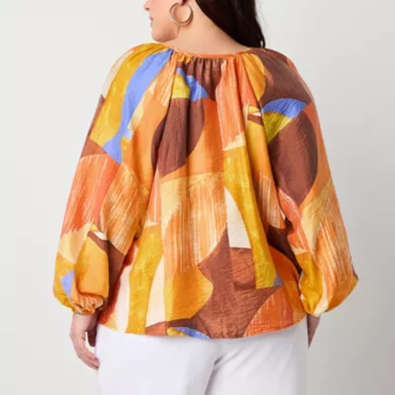 Worthington Womens Split Tie Neck Long Sleeve Plus Blouse