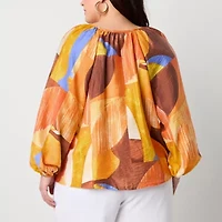 Worthington Womens Split Tie Neck Long Sleeve Plus Blouse